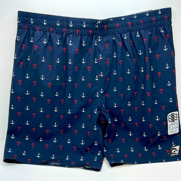 LAGUNA COASTAL FIT ABOVE THE KNEE BATHING SUIT, NAVY WITH RED & WHITE ANCHORS, L - Picture 5 of 15